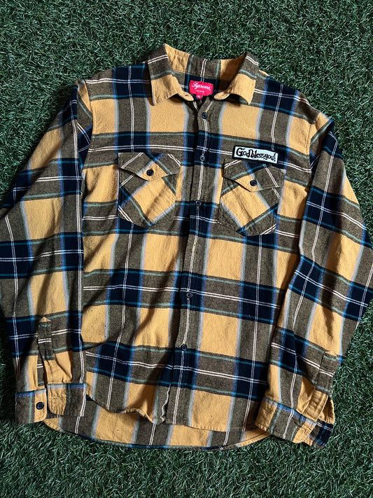 Supreme God Bless You Flannel Yellow Plaid *Preowned*