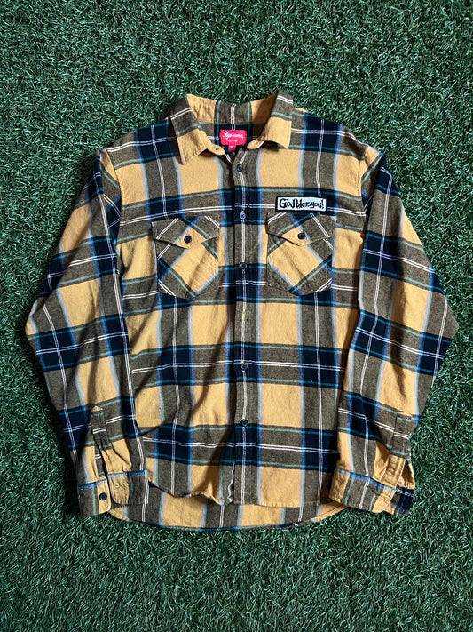 Supreme God Bless You Flannel Yellow Plaid *Preowned*